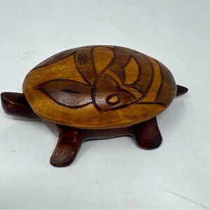 Hand Carved Wooden Turtle Covered Box FISH & FLORAL trinket box figure